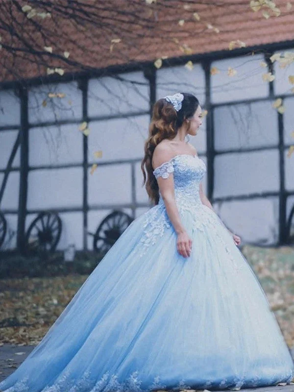 Off Shoulder Sky Blue Lace Prom Dresses, Quinceanera Dresses, 2021 Prom Dresses, Cheap Prom Dresses