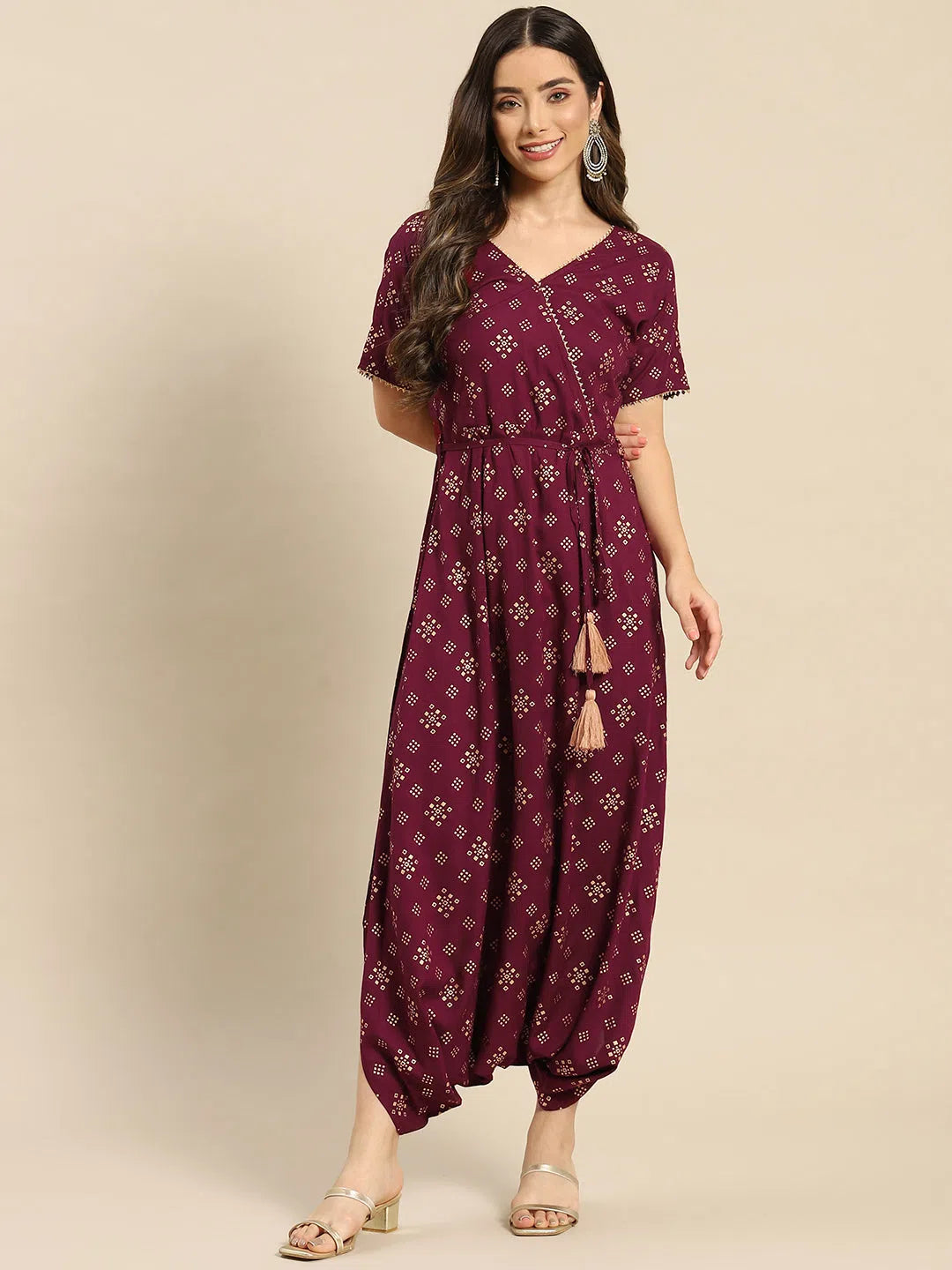 Women Solid Standard Wine Jumpsuits & Sets