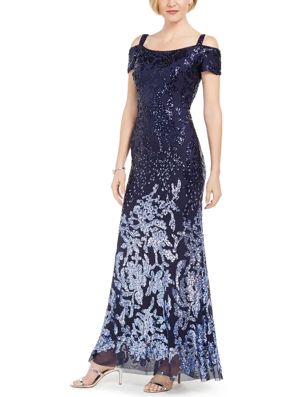 Petites Womens Sequined Maxi Evening Dress