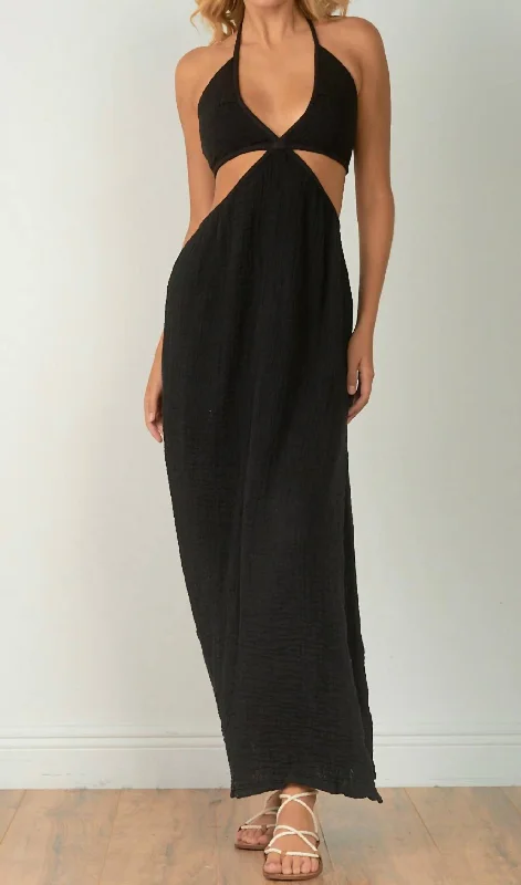 Goddess Maxi Cut Out Halter Dress in Black