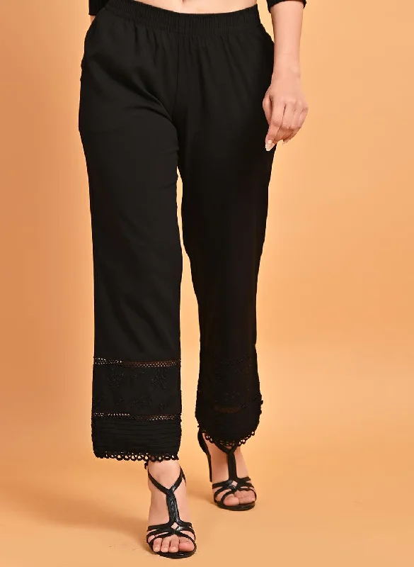 Ira Black Embroidered Relaxed Fit Palazzo Pants for Women