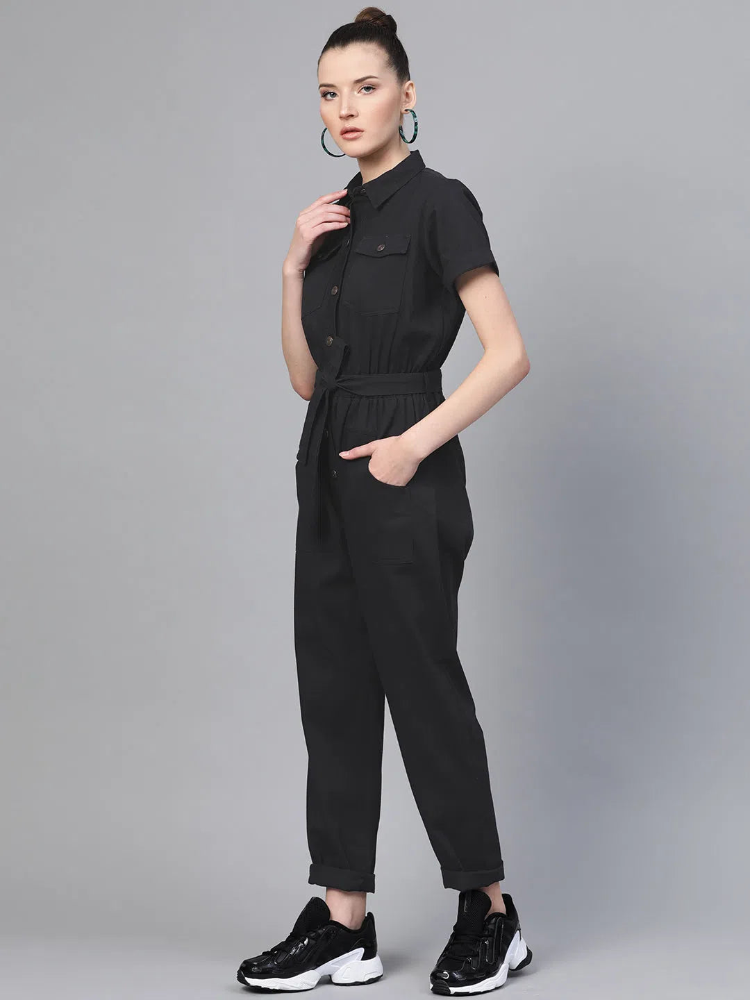 Women Solid Standard Black Jumpsuits & Sets