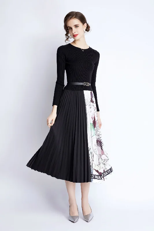 Black & White Cocktail A-line Crewneck Long Sleeve Maxi Pleated Dress