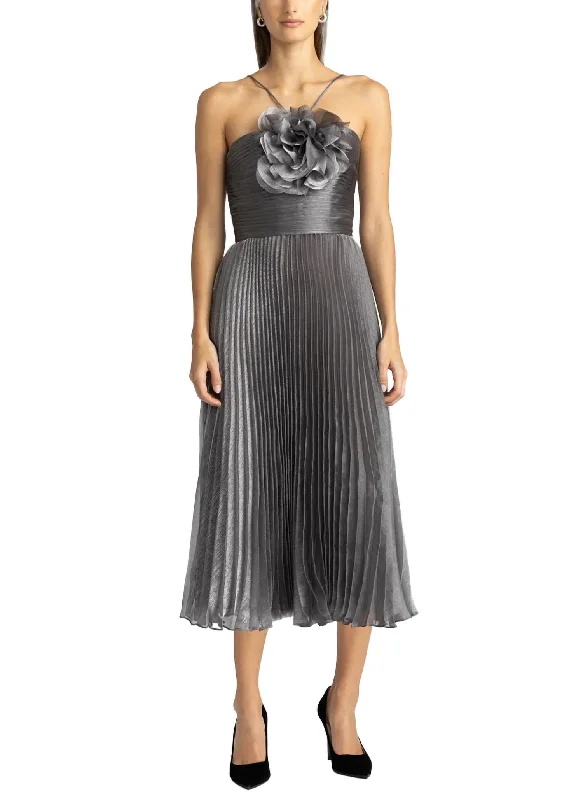 Pleated Midi Dress With Flower In Whisper