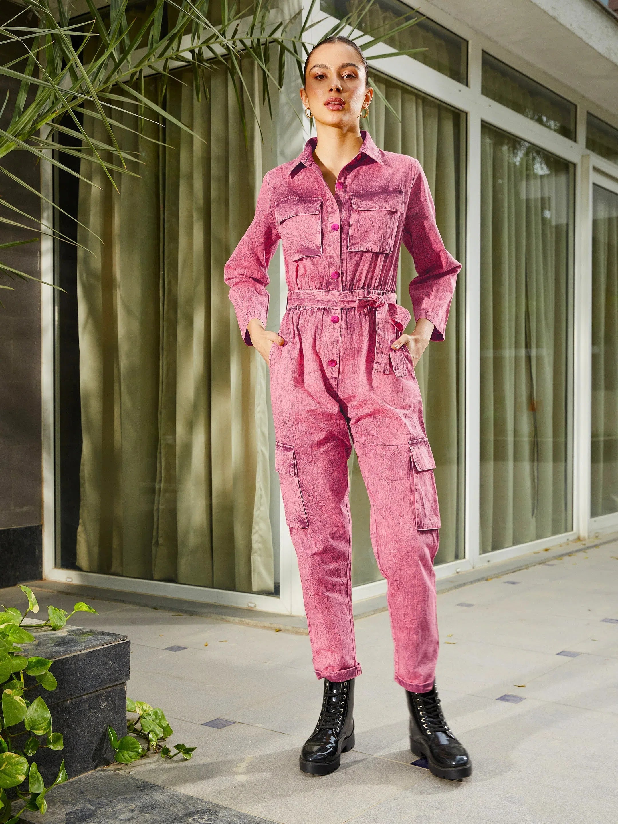 Women Solid Standard Pink Jumpsuits & Sets