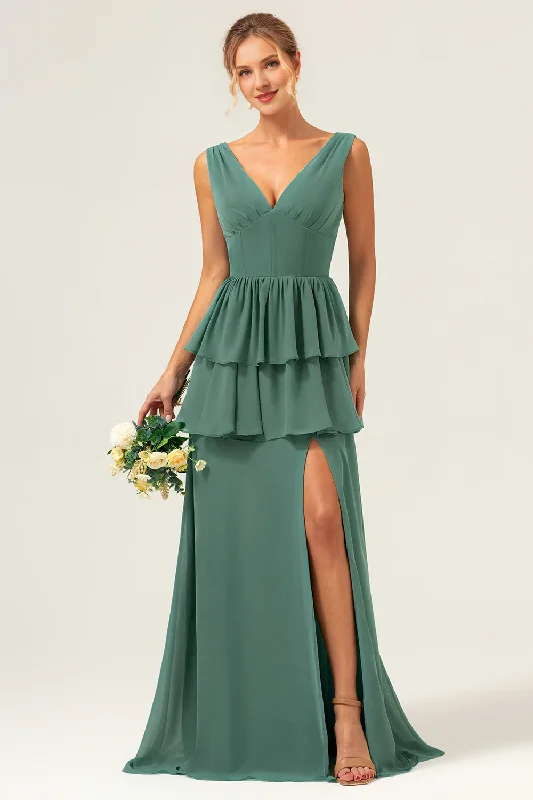 Eucalyptus A-line V-neck layered long ruffled bridesmaid dress