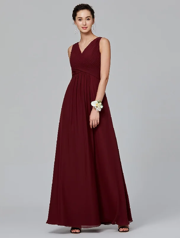 A-Line Bridesmaid Dress V Neck Sleeveless Floor Length Chiffon with Criss Cross / Side Draping