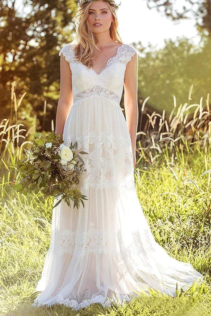 A Line Lace Straps Wedding Dresses Ivory Backless Long Bridal Dresses