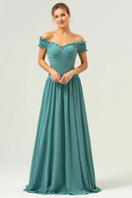 Eucalyptus A-line off shoulder pleated cut and ground length bridesmaid dress