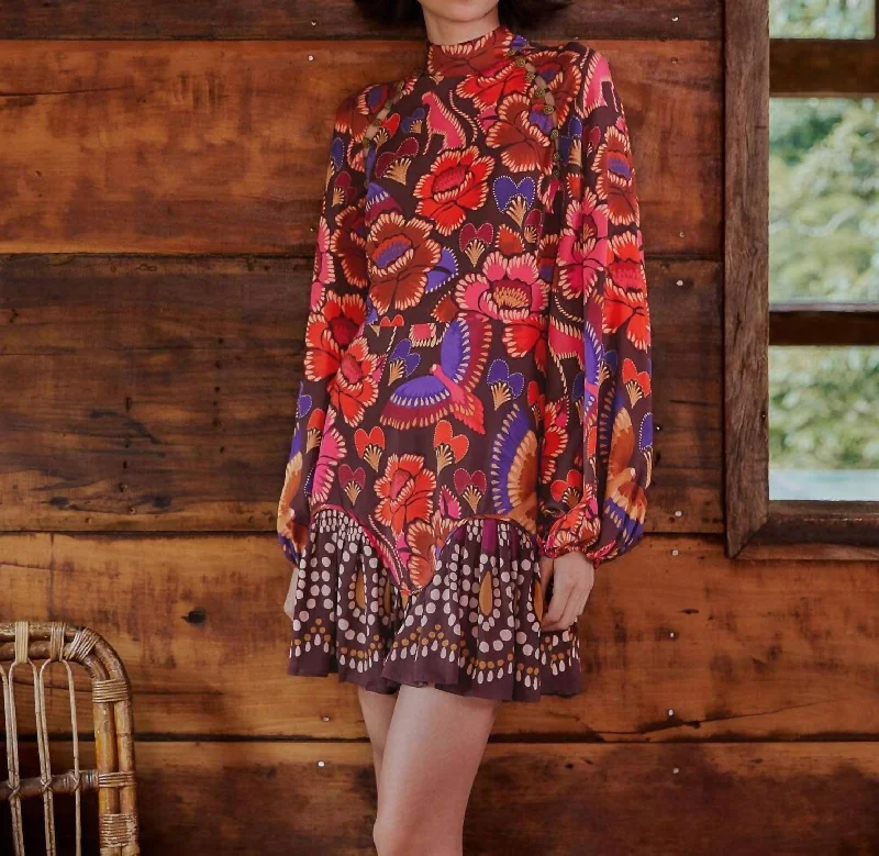 Brown Bright Flora Long Sleeve Mini Dress In Patterned