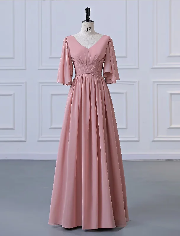 A-Line Bridesmaid Dress V Neck Half Sleeve Elegant Floor Length Chiffon with Pleats / RufflesA-Line Bridesmaid Dress V Neck Half Sleeve Elegant Floor Length Chiffon with Pleats / Ruffles