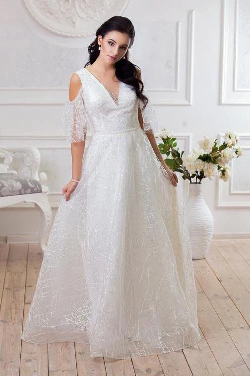 Deep V Neck Drop Sleeves Lace Wedding Dresses White Long Wedding Gowns