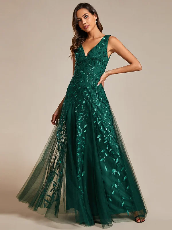 Shiny V-Neck Sequin Sleeveless Evening Dress with Tulle