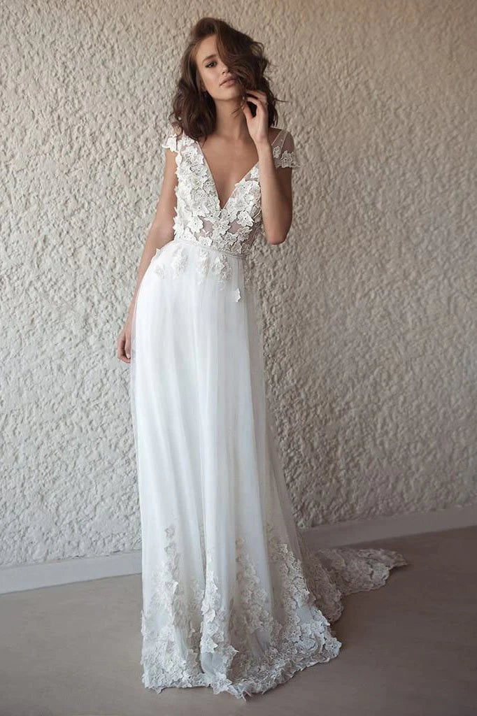 A Line Tulle Lace Appliques Wedding Dresses Short Sleeve Backless V Neck Bridal Dress