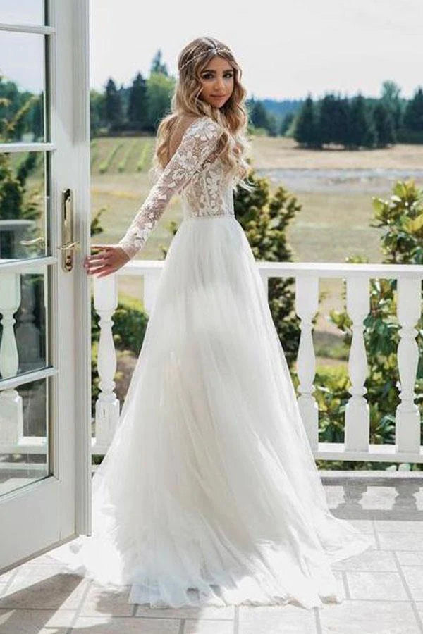 A Line Long Sleeve Deep V Neck Tulle Open Back Lace Appliques Wedding Dresses