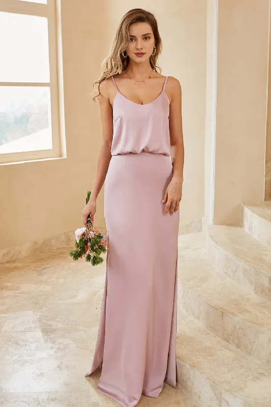 Thin shoulder strap gray pink long bridesmaid dress