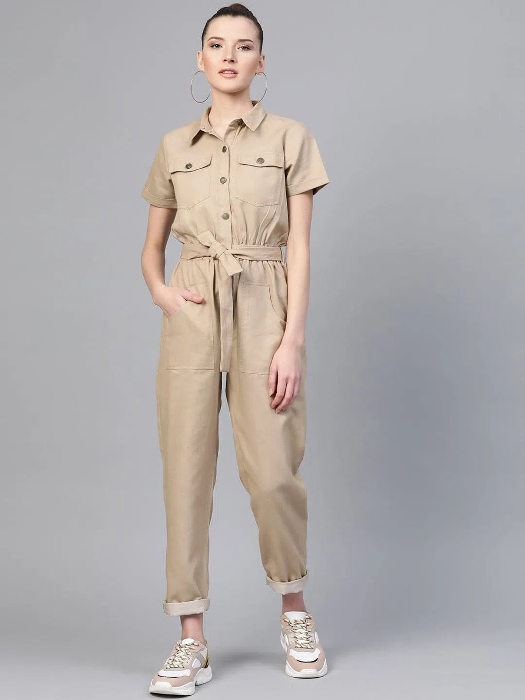 Women Solid Standard Beige Jumpsuits & Sets