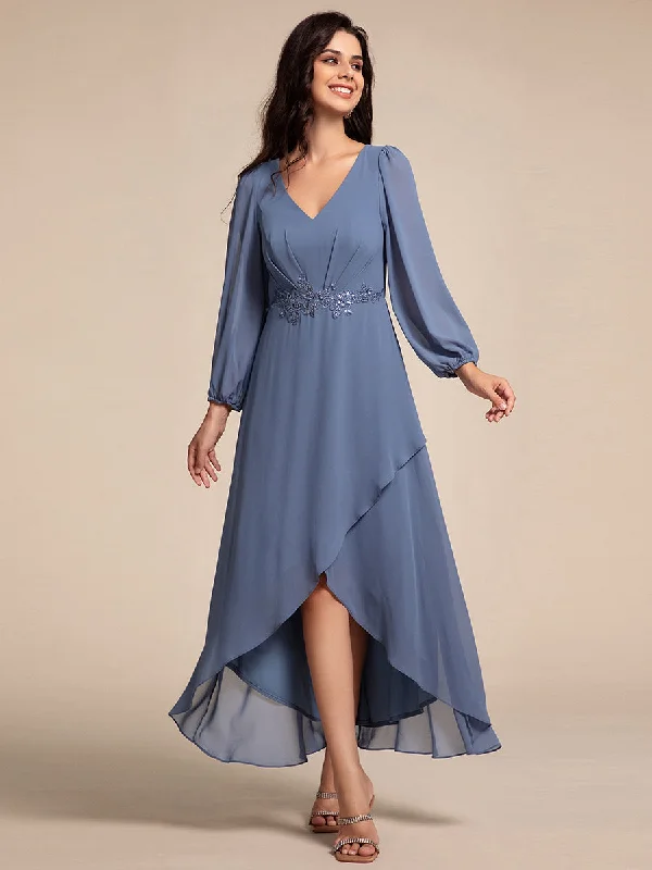 Elegant Applique Empire Waist Nine-Length Chiffon Evening Dresses with Regular fold stream Asymmetrical Hem