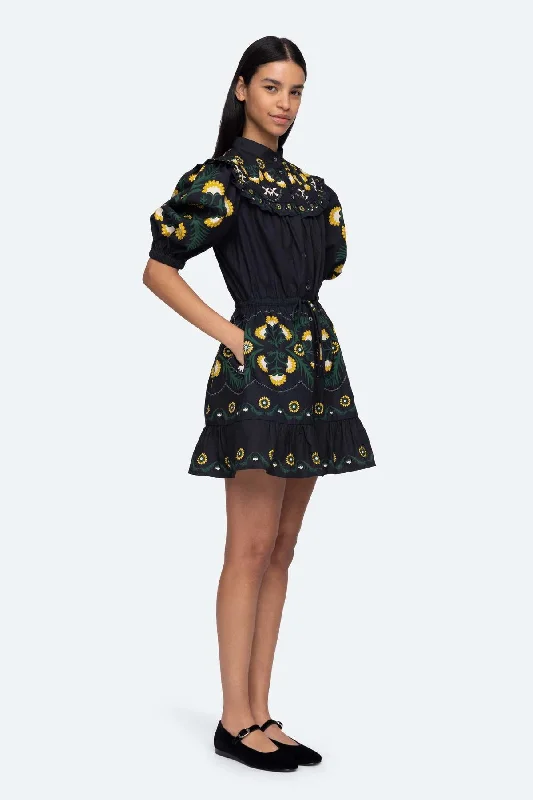 SEA NY Women Perle Print Puff Sleeve Pleated Ruffled Mini Dress Black