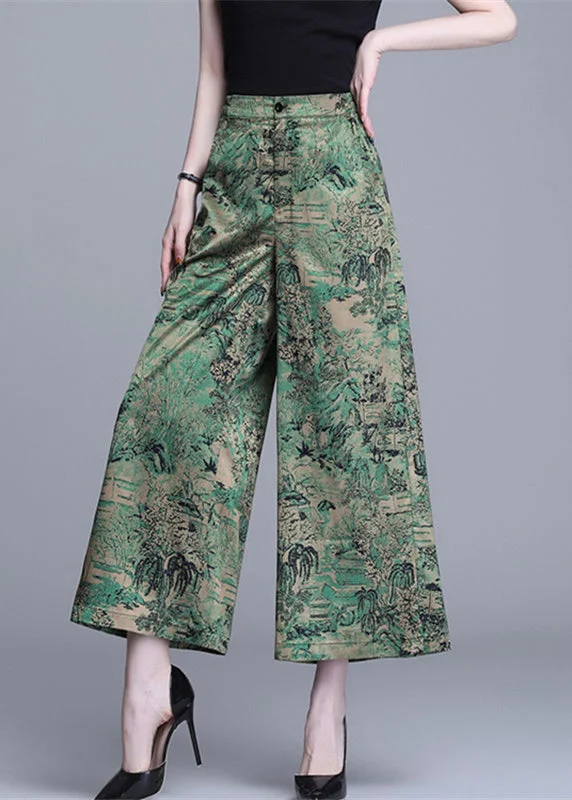 Bohemian Green High Waist Print Silk Wide Leg Pants Summer