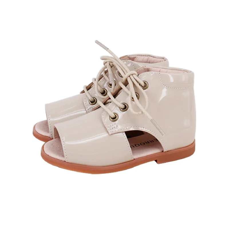 Perroquet Baby Patent Leather Lace Shoes, Open-Sides and Open-Toes - Beige