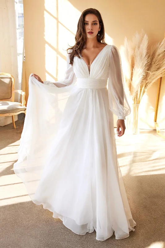 Off white long sleeved chiffon and floor length dress