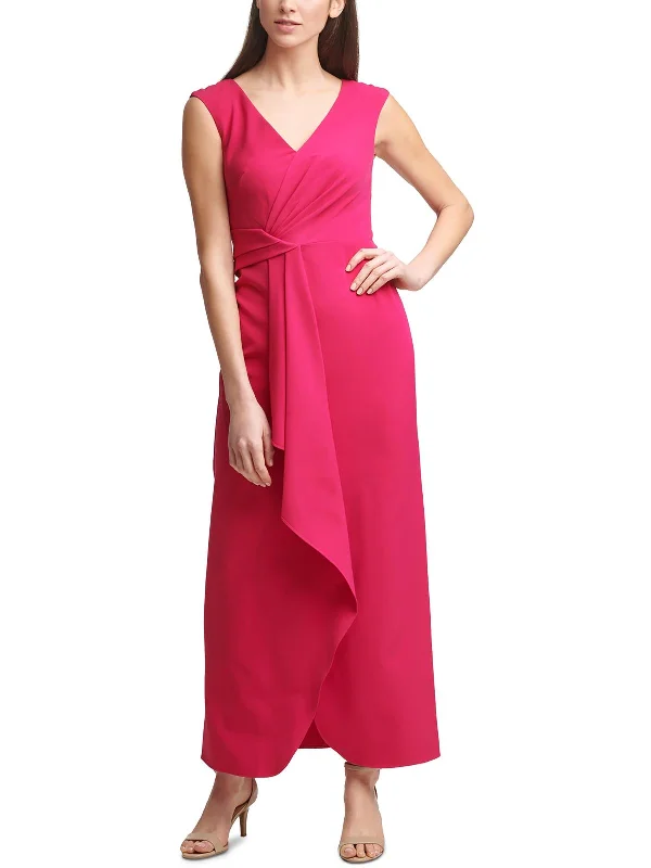 Petites Womens Wrap-Front Maxi Evening Dress