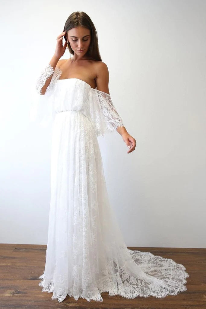 Beach Wedding Dresses Half Sleeve Off the Shoulder Lace Sexy Simple Boho Bridal Gowns