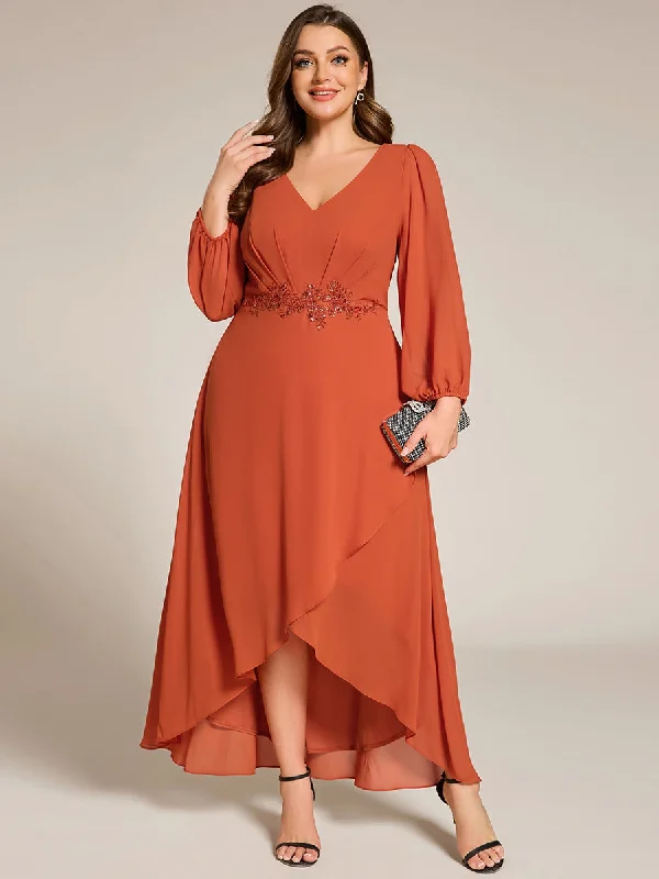 Elegant Plus Size Applique Empire Waist Nine-Length Chiffon Evening Dresses with Regular fold stream Asymmetrical Hem