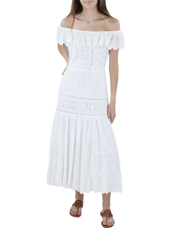 Womens Off-The-Shoulder Eyelet Maxi Dress