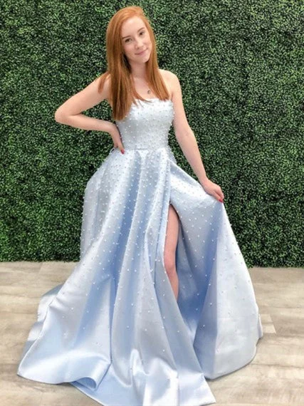 Light Blue Satin Beaded Prom Dresses, Lovely Prom Dresses, Side Slit Prom Dresses, 2020 Prom Dresses