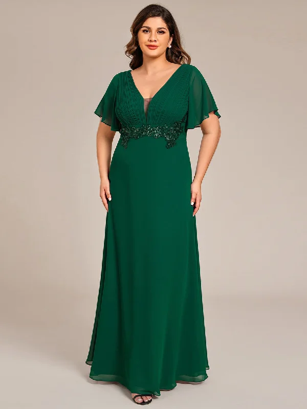 Plus Size Elegant Ruffles Sleeve Chiffon Evening Dresses with Pleated Applique Decoration