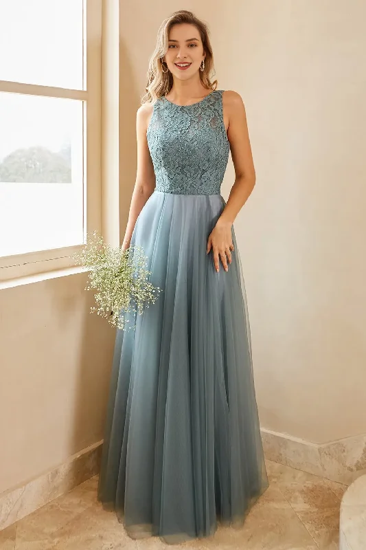 Grey blue lace chiffon sleeveless and floor length back strap bridesmaid dress