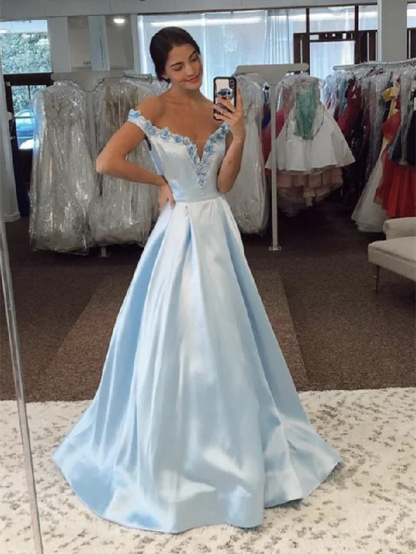 Off the Shoulder Light Blue Satin Prom Dresses, A-line Prom Dresses, 2021 Prom Dresses, Cheap Prom Dresses, Popular Prom Dresses