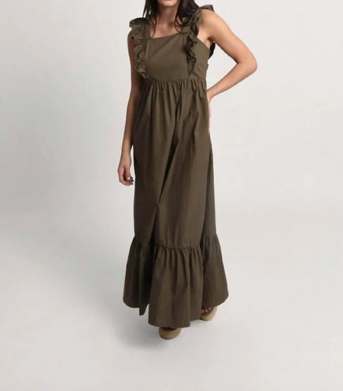 Ruffled Sleeveless Long Dress In Khaki