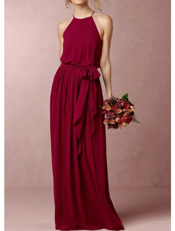 A-Line Bridesmaid Dress Halter Neck Sleeveless Elegant Floor Length Chiffon with Bow(s)