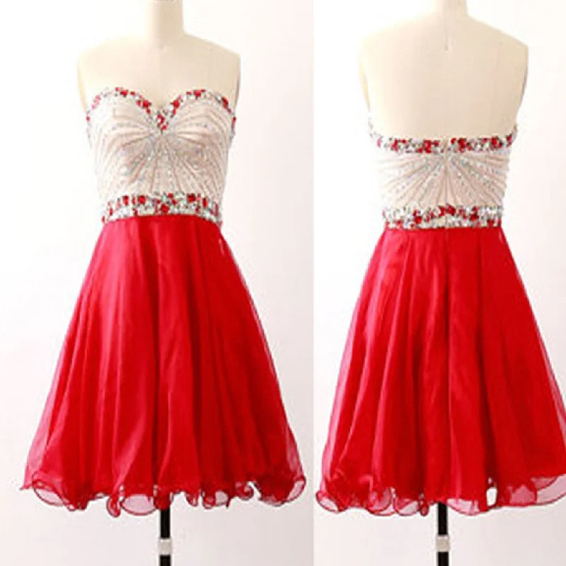 Red Strapless sparkly unique vintage chiffon unique homecoming prom dress,BD0044