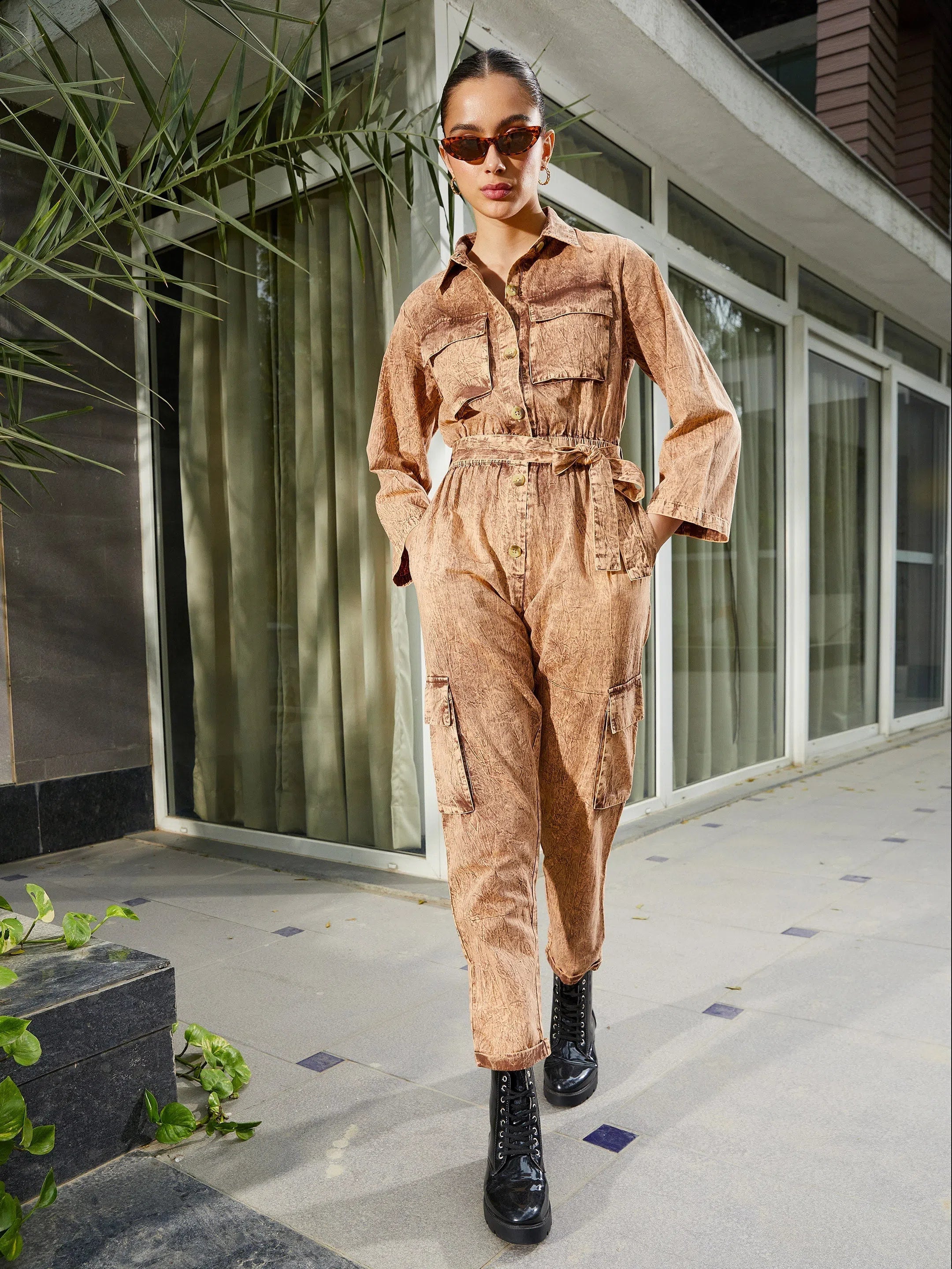 Women Solid Standard Brown Jumpsuits & Sets