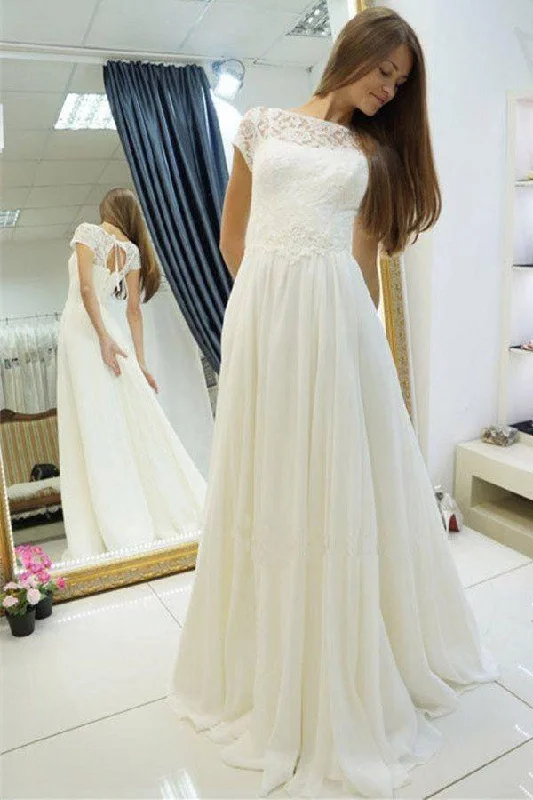 A-line Chiffon Long Beach Bateau Sweep Train Cap Sleeves Wedding Dress with