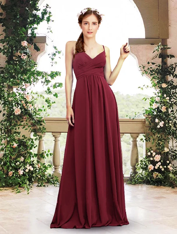 A-Line Bridesmaid Dress V Neck / Spaghetti Strap Sleeveless Elegant Floor Length Chiffon with Pleats