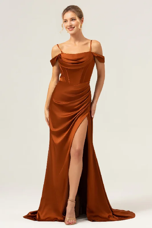 Coffee colored fishtail shaped shoulder baring pleated tight corset long slit satin bridesmaid dress