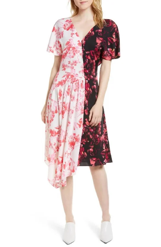 Silk Blend Floral Print Stretch Double Contrast Midi Dress In Multicolor