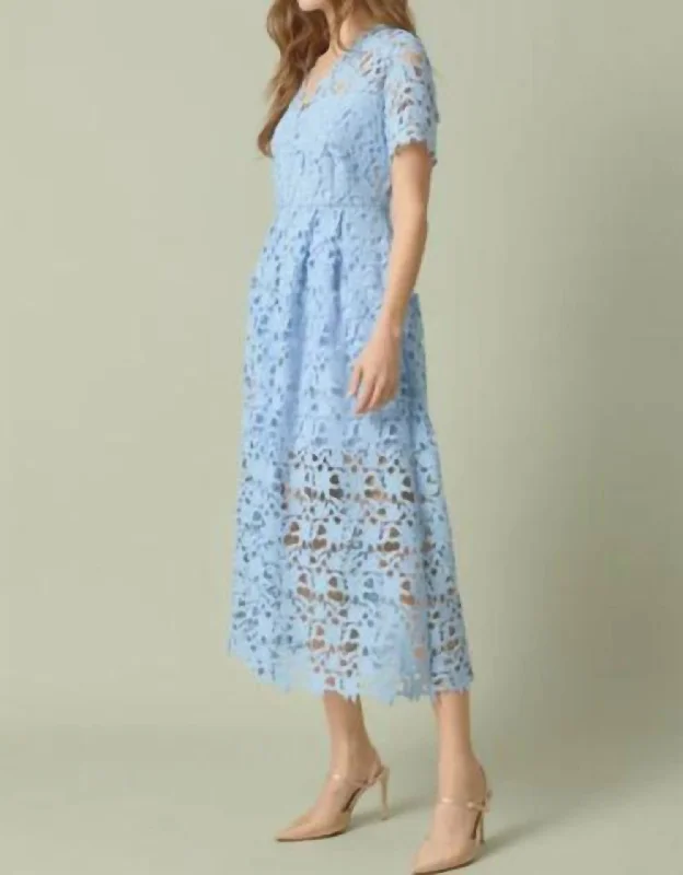 All Over Lace Short Sleeve Midi Dress In Light Blue