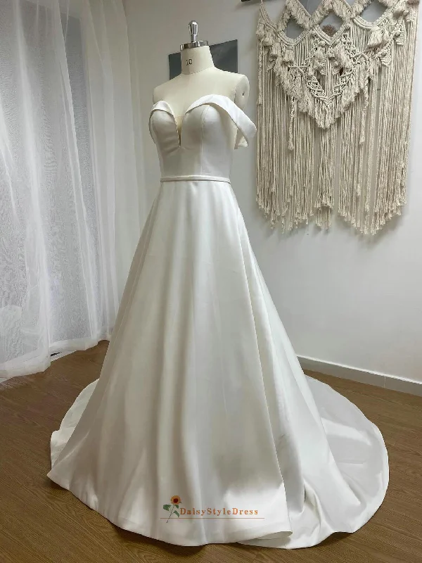 Simple Off Shoulder Sleeve Soft Satin Wedding Dress