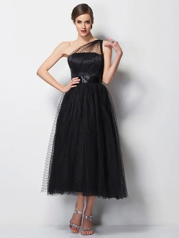 A-Line  Woven Satin One-Shoulder Sleeveless Tea-Length With Pleats Bridesmaid Dresses