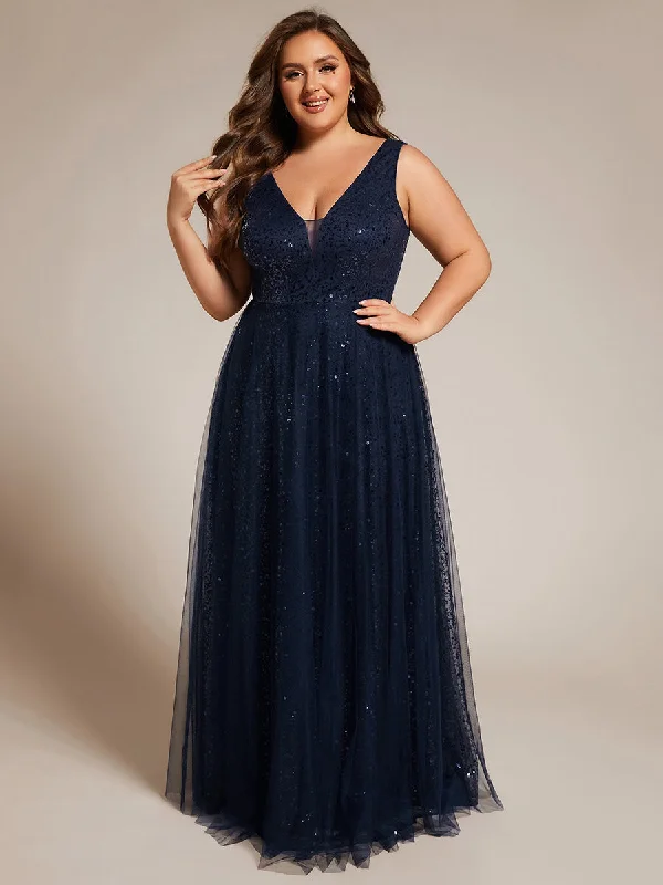 Elegant Plus Size V-Neck Backless Sequin Evening Dress with Sleeveless