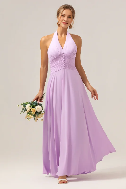 A Line neck hanging backless pleated chiffon long purple buckle bridesmaid dress