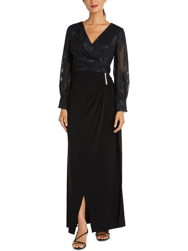 Petites Womens Faux-Wrap Maxi Evening Dress