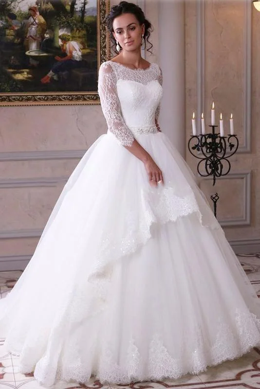 Ball Gown Lace Tulle 3/4 Sleeves Scoop White Lace up Wedding Gowns Wedding Dresses