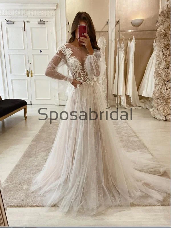 A-line Unique Long Sleeves Vintage Country Wedding Dresses, Prom Dresses WD0414